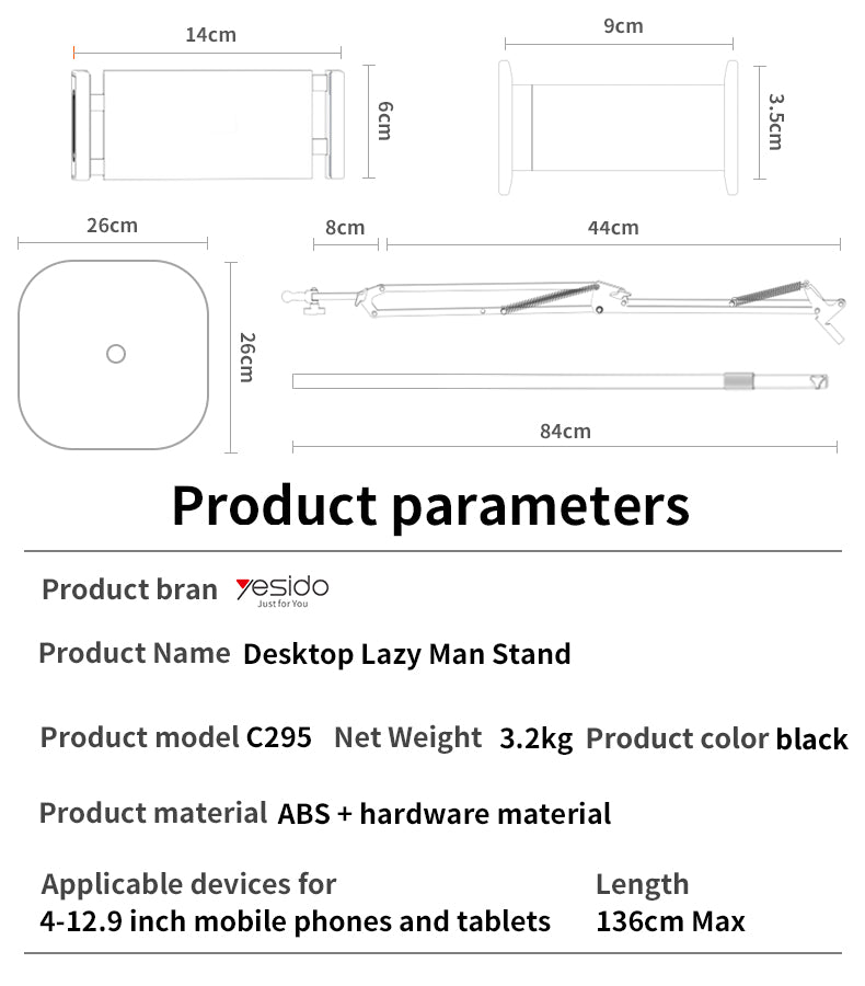 Yesido C295 Aluminum Floor Stand - For Tablets & Phones with Stable Base