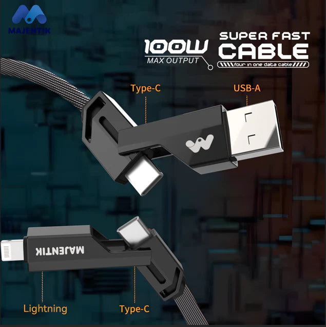 Majentik CL-012 4-in-1 Fast Charging Data Cable – 100W PD Fabric Braided with Auto Power-Off (1M)
