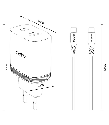 شاحن جداري سريع Yesido YC110 بقوة 45 واط - منفذ PD ومنفذ QC مع كابل Type-C to Type-C