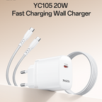 Yesido YC105 20W PD Fast Wall Charger – Single Type-C Port with Type-C to Type-C Cable