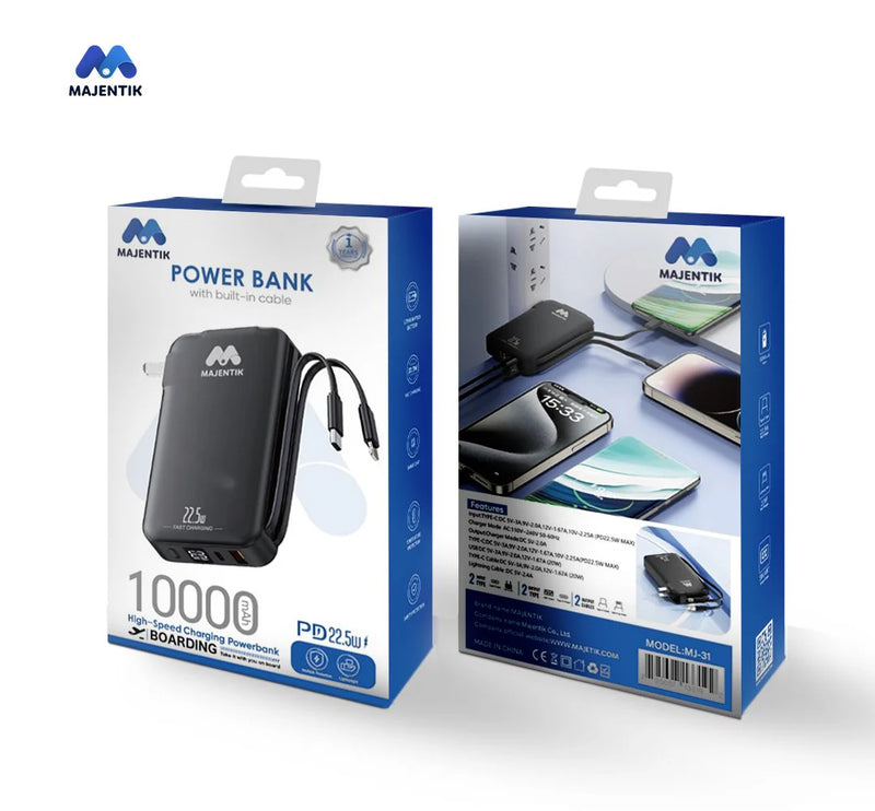 Majentik MJ-31 10000mAh Power Bank – 22.5W Fast Charger with Built-in Cables