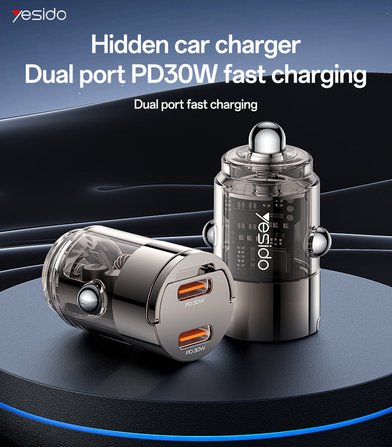 Yesido Y69 Mini Hidden Car Charger 30W – Transparent Zinc Alloy Design with Dual Type-C PD Ports
