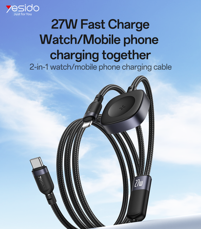 كابل وشاحن يسيدو Yesido CA136L الذكي 2 في 1 (Type-C إلى Lightning وشاحن ساعة آبل) بقوة 27 واط لشحن أجهزة آبل معاً