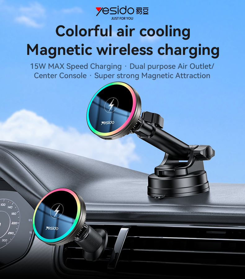 Yesido C315 15W Car Wireless Charger - RGB Lighting & Dual Mounting