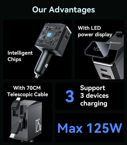 Yesido Y71 125W High-Power Car Charger – 3-in-1 Design with Retractable Type-C & Lightning Cables