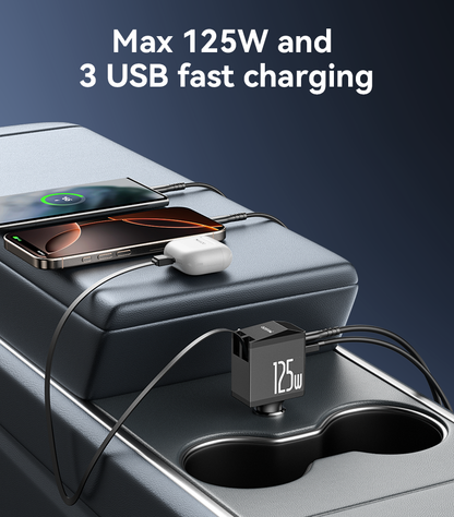 Yesido Y71 125W High-Power Car Charger – 3-in-1 Design with Retractable Type-C & Lightning Cables