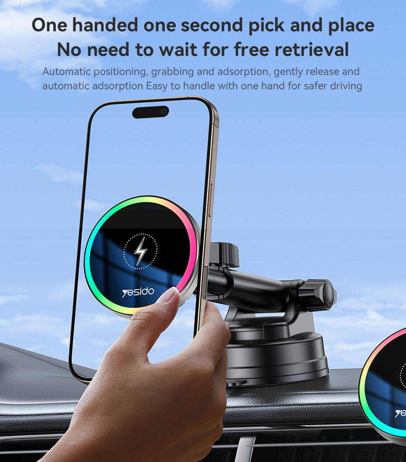 Yesido C315 15W Car Wireless Charger - RGB Lighting & Dual Mounting