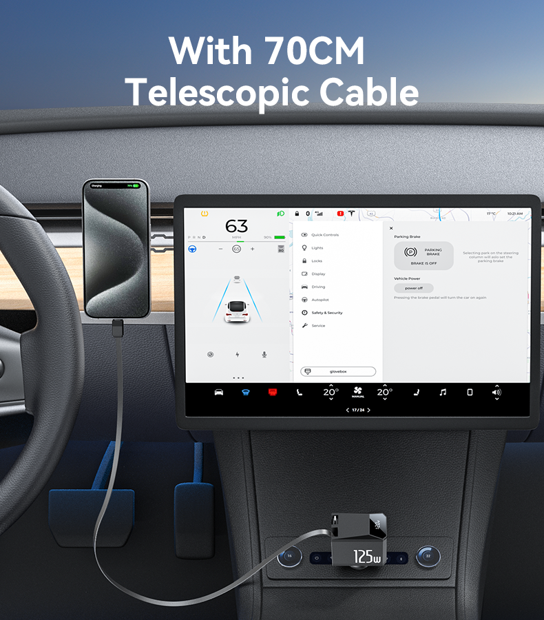 Yesido Y71 125W High-Power Car Charger – 3-in-1 Design with Retractable Type-C & Lightning Cables
