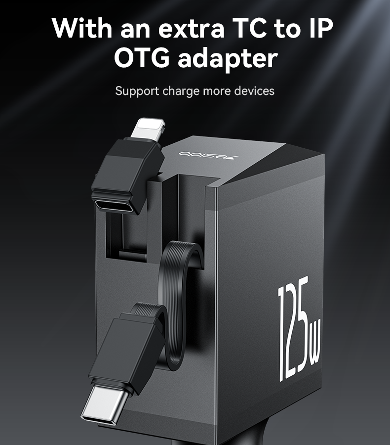 Yesido Y71 125W High-Power Car Charger – 3-in-1 Design with Retractable Type-C & Lightning Cables