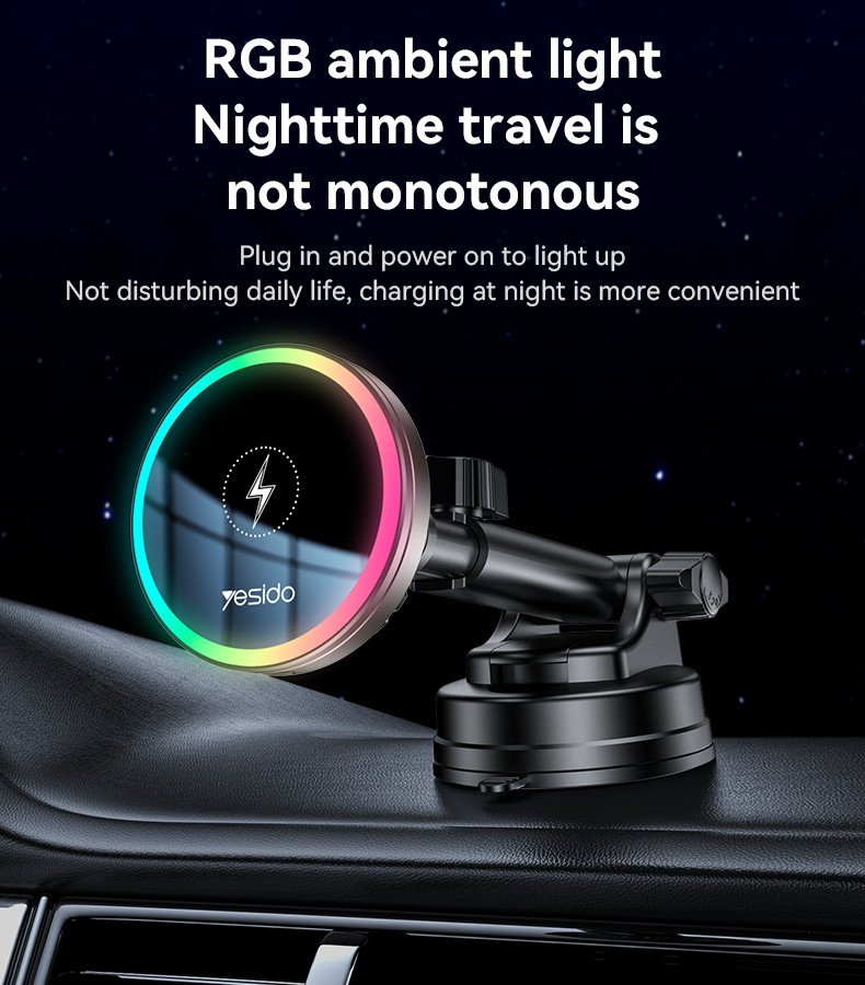 Yesido C315 15W Car Wireless Charger - RGB Lighting & Dual Mounting