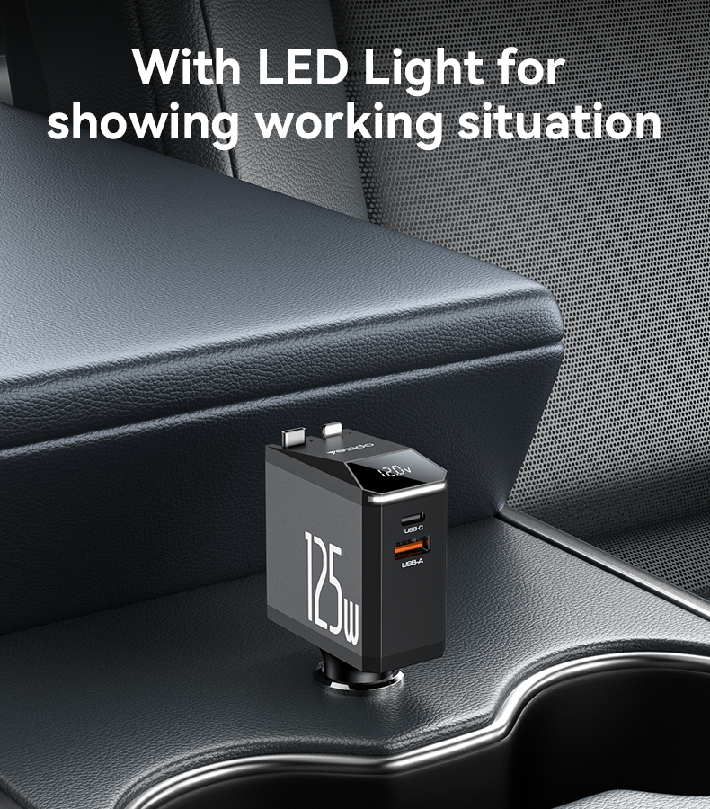Yesido Y71 125W High-Power Car Charger – 3-in-1 Design with Retractable Type-C & Lightning Cables