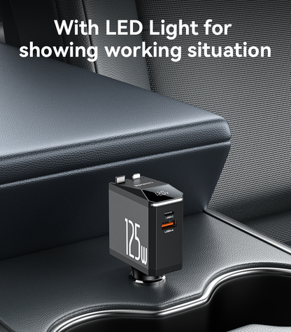 Yesido Y71 125W High-Power Car Charger – 3-in-1 Design with Retractable Type-C & Lightning Cables