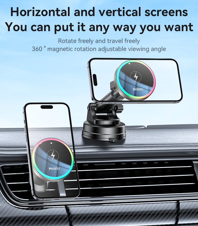 Yesido C315 15W Car Wireless Charger - RGB Lighting & Dual Mounting