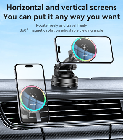 Yesido C315 15W Car Wireless Charger - RGB Lighting & Dual Mounting