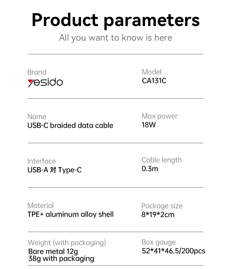 كابل يسيدو Yesido CA131C قصير بطول 30 سم (USB-A إلى Type-C) بقوة 18 واط - تصميم مضفر مصفح وهيكل من سبائك الألومنيوم