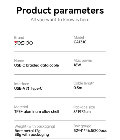 كابل يسيدو Yesido CA131C قصير بطول 30 سم (USB-A إلى Type-C) بقوة 18 واط - تصميم مضفر مصفح وهيكل من سبائك الألومنيوم