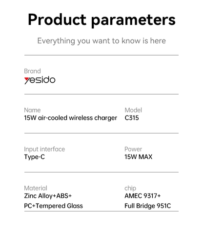 Yesido C315 15W Car Wireless Charger - RGB Lighting & Dual Mounting