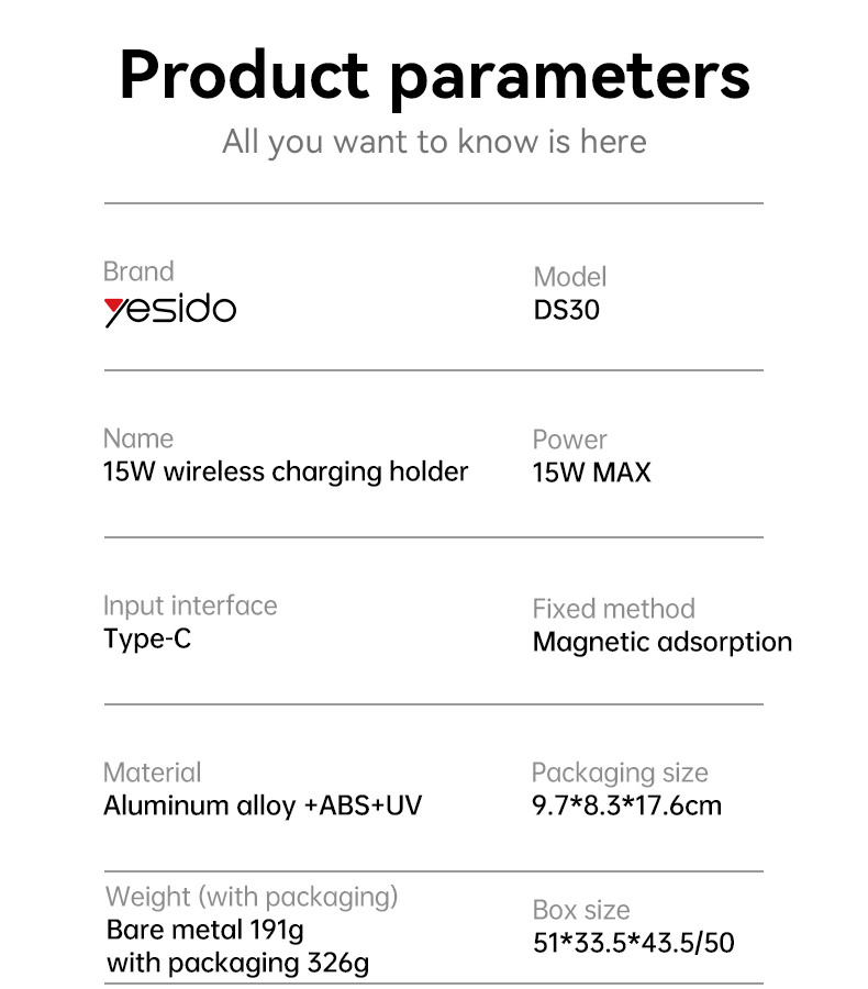 Yesido DS30 15W Wireless Charger - 2-in-1 Car & Desktop Stand