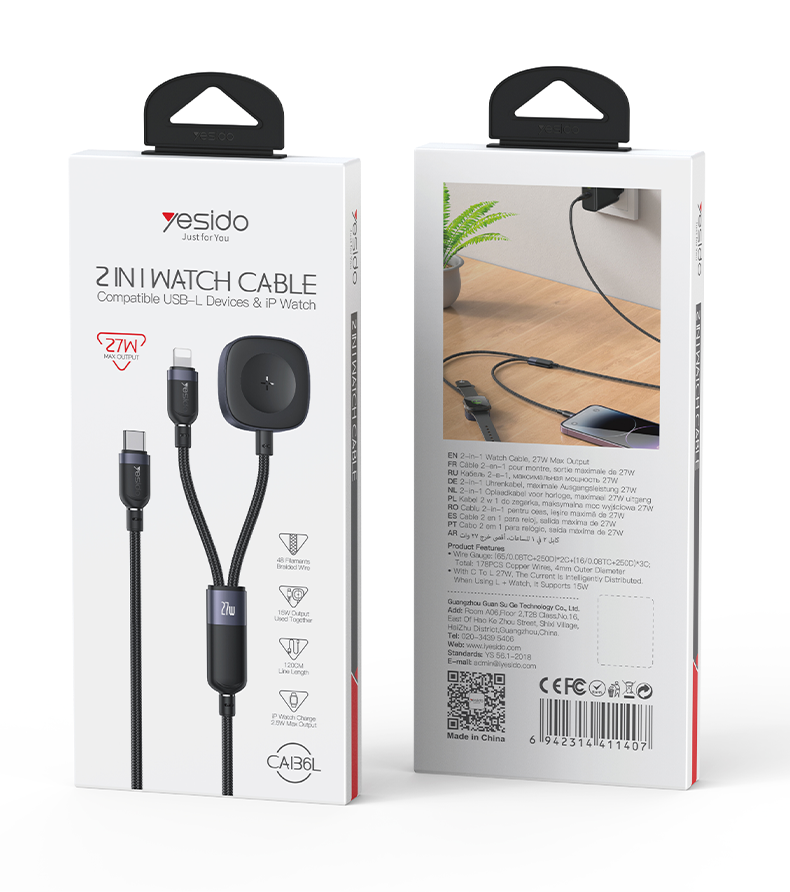 كابل وشاحن يسيدو Yesido CA136L الذكي 2 في 1 (Type-C إلى Lightning وشاحن ساعة آبل) بقوة 27 واط لشحن أجهزة آبل معاً