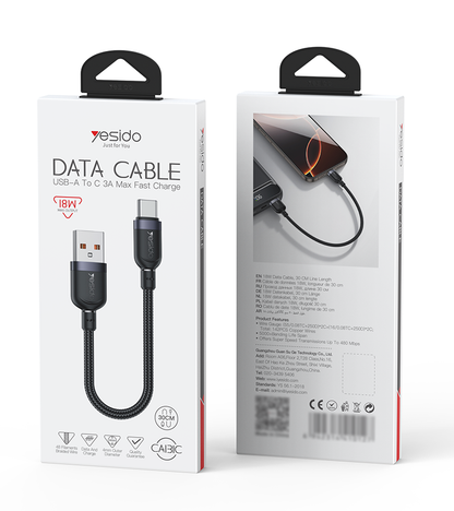 كابل يسيدو Yesido CA131C قصير بطول 30 سم (USB-A إلى Type-C) بقوة 18 واط - تصميم مضفر مصفح وهيكل من سبائك الألومنيوم