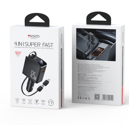 Yesido Y71 125W High-Power Car Charger – 3-in-1 Design with Retractable Type-C & Lightning Cables