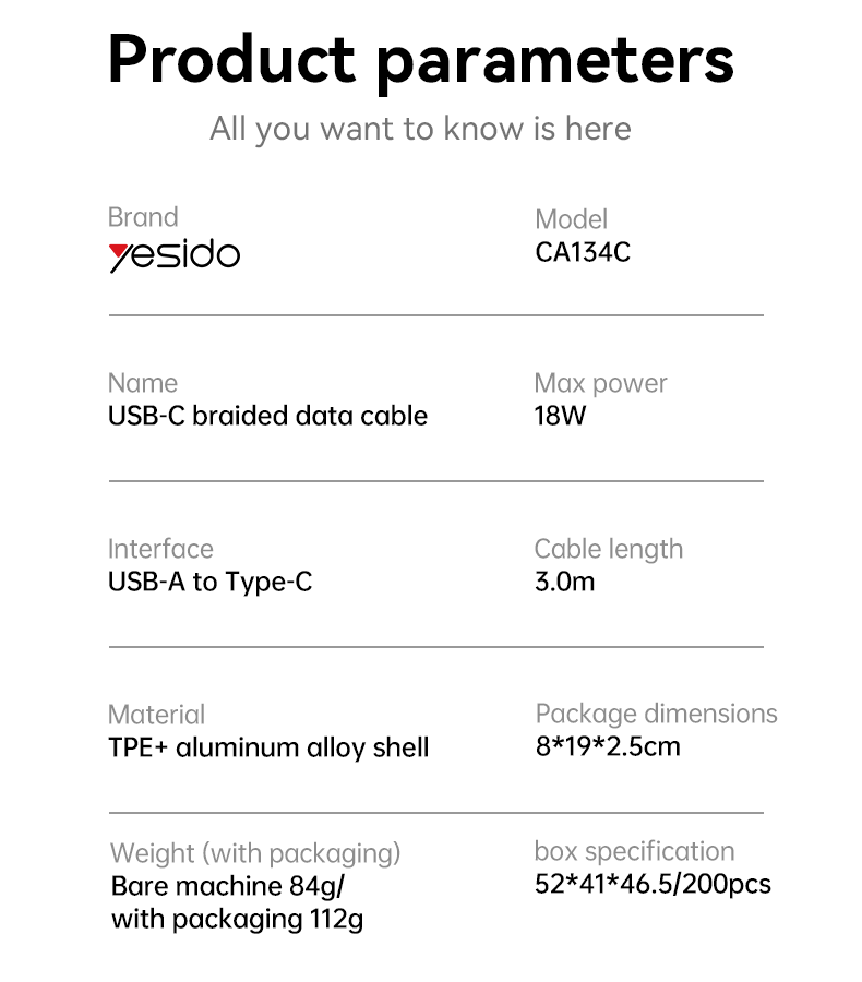كابل يسيدو Yesido CA134C بطول 3 متر (USB-A إلى Type-C) بقوة 18 واط - تصميم مضفر مصفح وهيكل من الألومنيوم