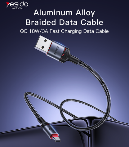 Yesido CA129C 18W USB-A to USB-C Cable – 1.2m 3-Step Molded Braided Nylon & Aluminum Alloy Connectors (3A)