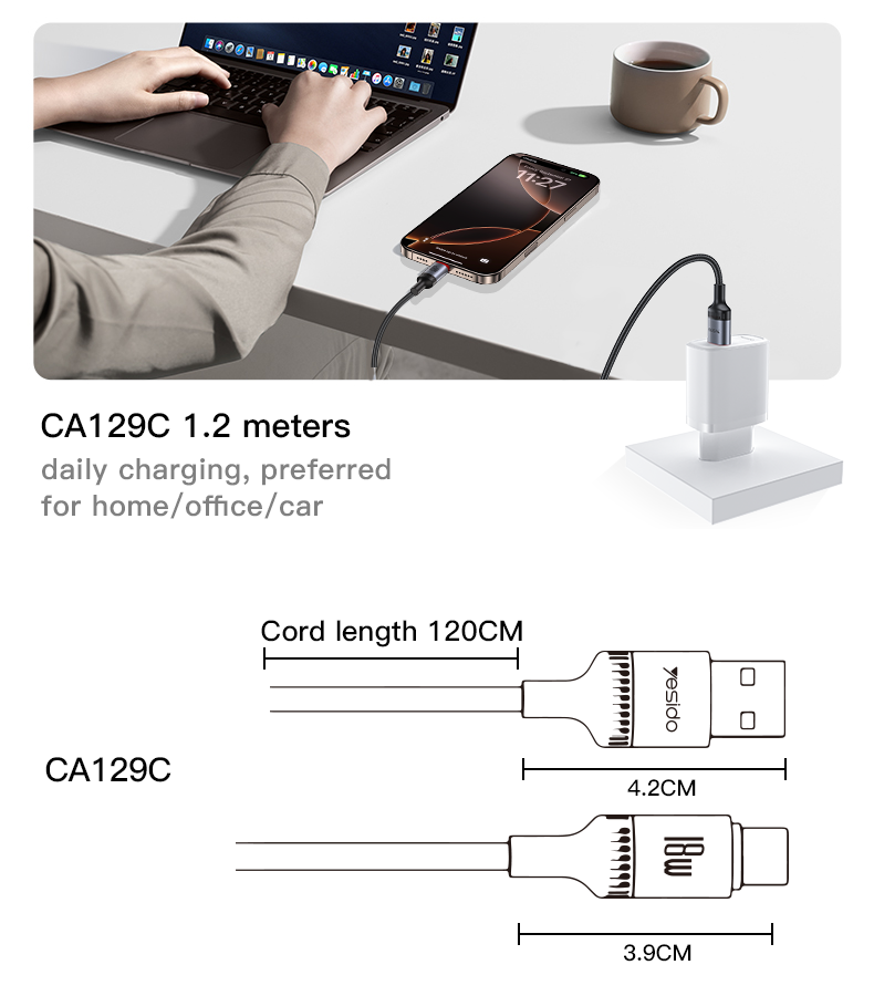Yesido CA129C 18W USB-A to USB-C Cable – 1.2m 3-Step Molded Braided Nylon & Aluminum Alloy Connectors (3A)