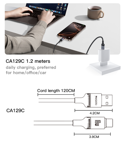 Yesido CA129C 18W USB-A to USB-C Cable – 1.2m 3-Step Molded Braided Nylon & Aluminum Alloy Connectors (3A)