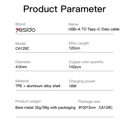 Yesido CA129C 18W USB-A to USB-C Cable – 1.2m 3-Step Molded Braided Nylon & Aluminum Alloy Connectors (3A)