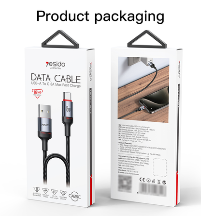Yesido CA129C 18W USB-A to USB-C Cable – 1.2m 3-Step Molded Braided Nylon & Aluminum Alloy Connectors (3A)