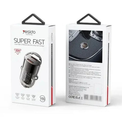 Yesido Y69 Mini Hidden Car Charger 30W – Transparent Zinc Alloy Design with Dual Type-C PD Ports