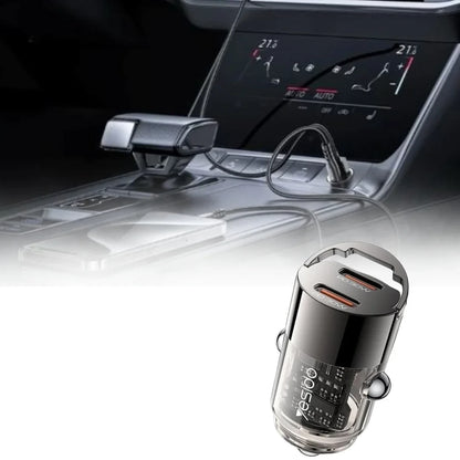 Yesido Y69 Mini Hidden Car Charger 30W – Transparent Zinc Alloy Design with Dual Type-C PD Ports