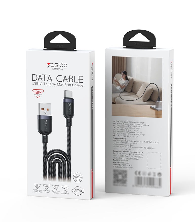 كابل يسيدو Yesido CA134C بطول 3 متر (USB-A إلى Type-C) بقوة 18 واط - تصميم مضفر مصفح وهيكل من الألومنيوم