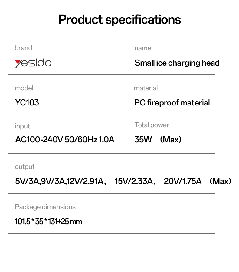 شاحن Yesido YC103 الذكي بقوة 35 واط - منفذ واحد Type-C PD شحن سريع فائق