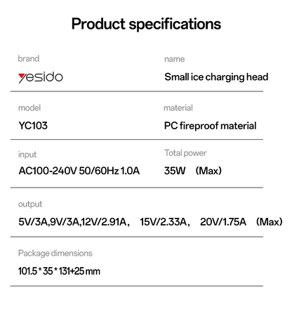 شاحن Yesido YC103 الذكي بقوة 35 واط - منفذ واحد Type-C PD شحن سريع فائق