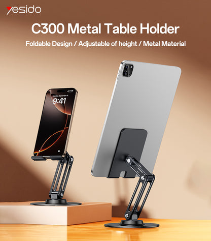 Yesido C300 360° Rotating Aluminum Desktop Stand - Foldable & Adjustable for Phones & Tablets