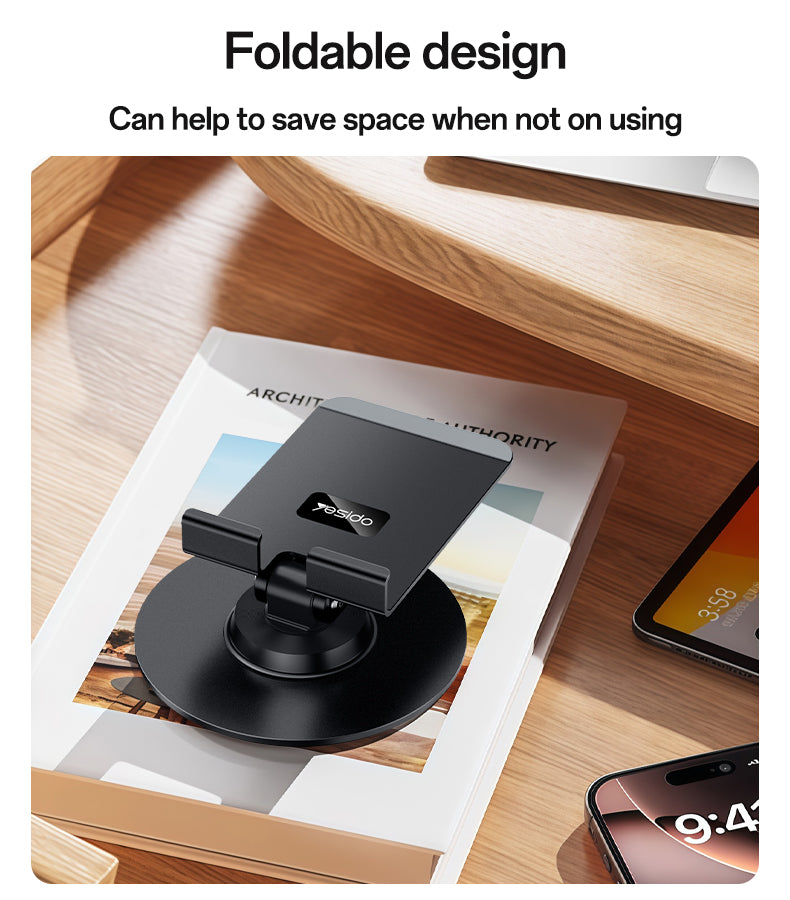 Yesido C300 360° Rotating Aluminum Desktop Stand - Foldable & Adjustable for Phones & Tablets
