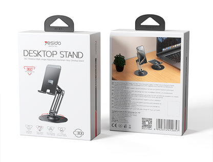 Yesido C300 360° Rotating Aluminum Desktop Stand - Foldable & Adjustable for Phones & Tablets