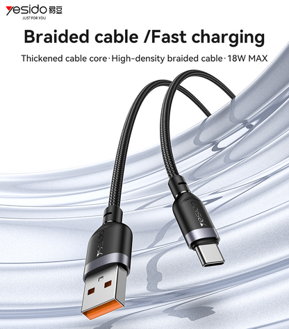 كابل يسيدو Yesido CA134C بطول 3 متر (USB-A إلى Type-C) بقوة 18 واط - تصميم مضفر مصفح وهيكل من الألومنيوم