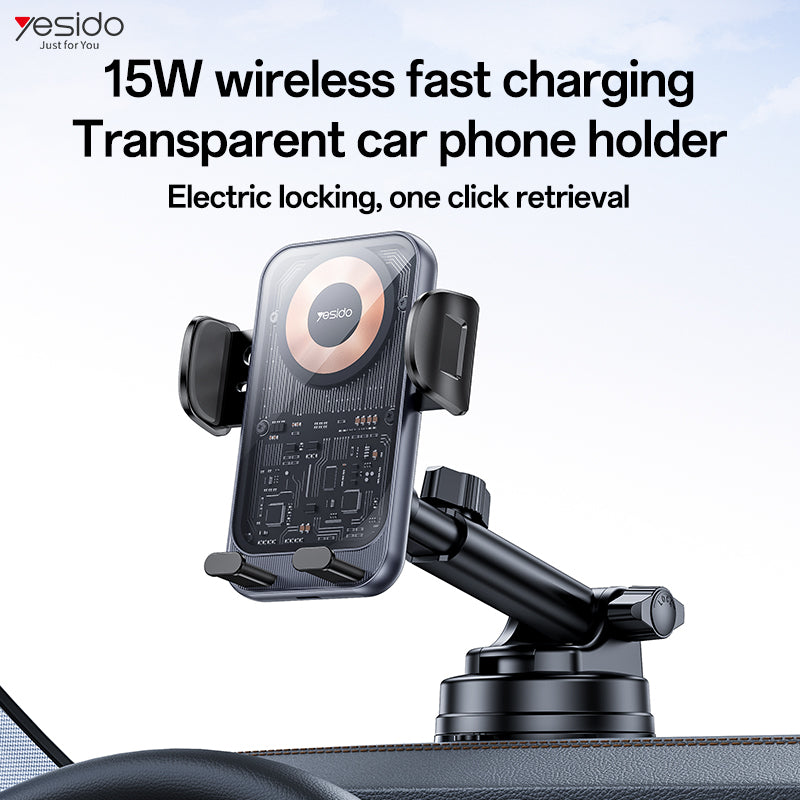 Yesido C307 15W Car Wireless Charger - Transparent Design & Smart Electric Lock