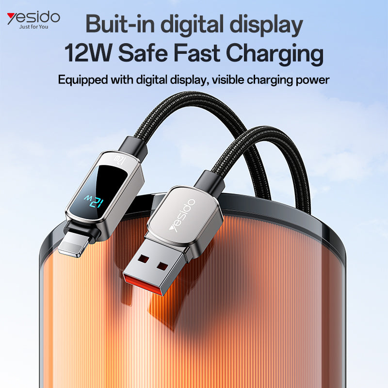 كابل يسيدو Yesido CA128L بطول 1.2 متر (USB-A إلى Lightning) بقوة 12 واط - مزود بشاشة عرض رقمية أفقية وهيكل من سبيكة الزنك