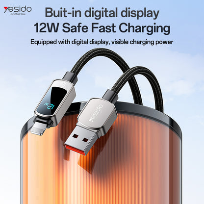 كابل يسيدو Yesido CA128L بطول 1.2 متر (USB-A إلى Lightning) بقوة 12 واط - مزود بشاشة عرض رقمية أفقية وهيكل من سبيكة الزنك