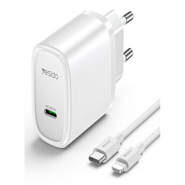 ⁧Yesido YC57L PD 20W USB-C / Type-C شاحن سريع مع كابل من النوع C إلى 8 دبوس، قابس الاتحاد الأوروبي (أسود)⁩