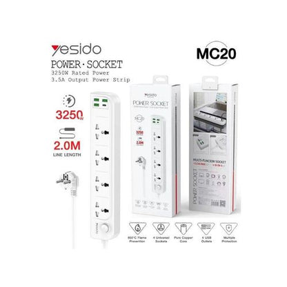 مشترك الكهرباء الذكي Yesido MC20 بقوة 3250 واط - 4 مقابس كهربائية و4 منافذ شحن بطول 2 متر
