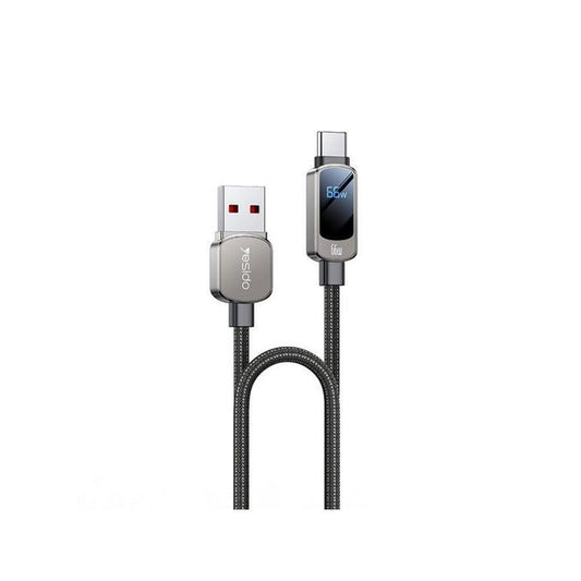 Yesido CA128C 66W Super Fast USB-A to USB-C Cable with LED Digital Display – 1.2m Braided Zinc Alloy Connectors (3A)