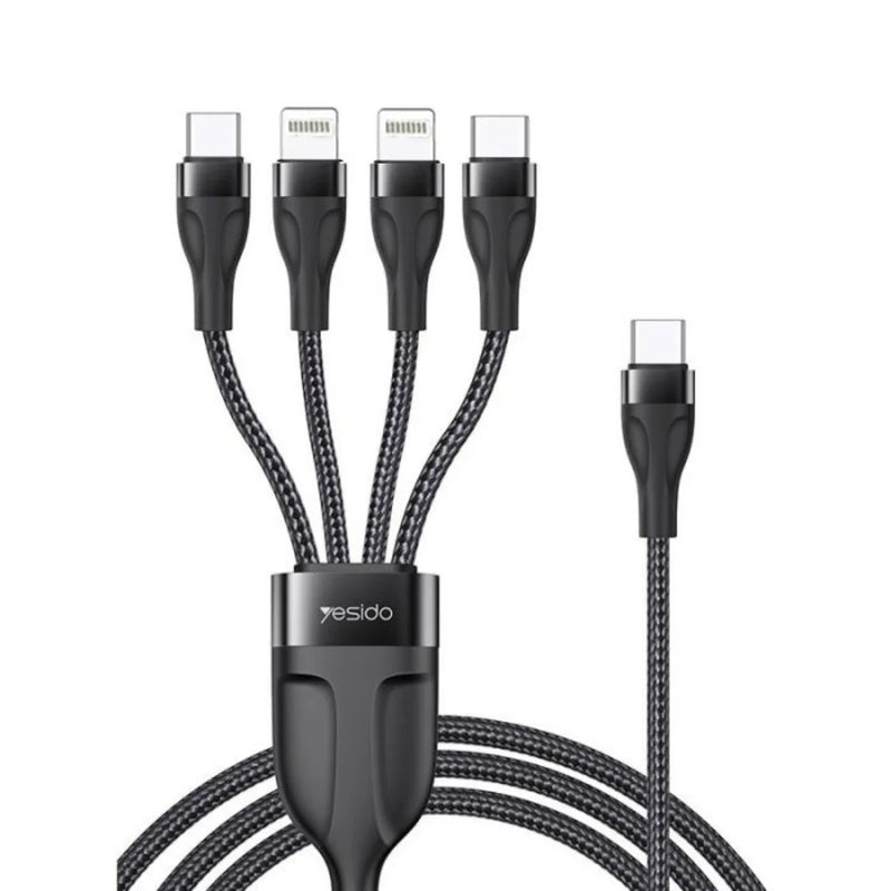 Yesido CA110 4-in-1 Type-C Multi-Charging Cable – 1.2m Heavy-Duty Braided Cable with Dual Type-C & Dual Lightning Ports (20W Max)