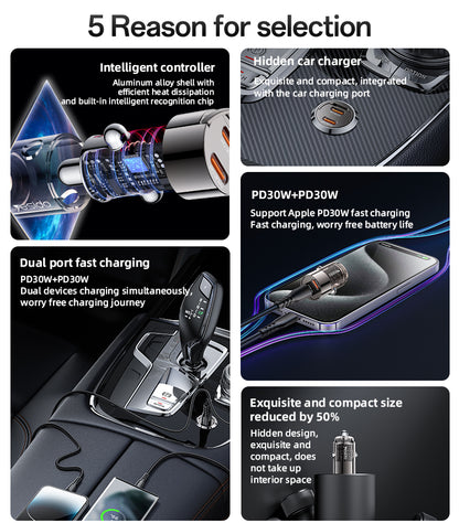 Yesido Y69 Mini Hidden Car Charger 30W – Transparent Zinc Alloy Design with Dual Type-C PD Ports