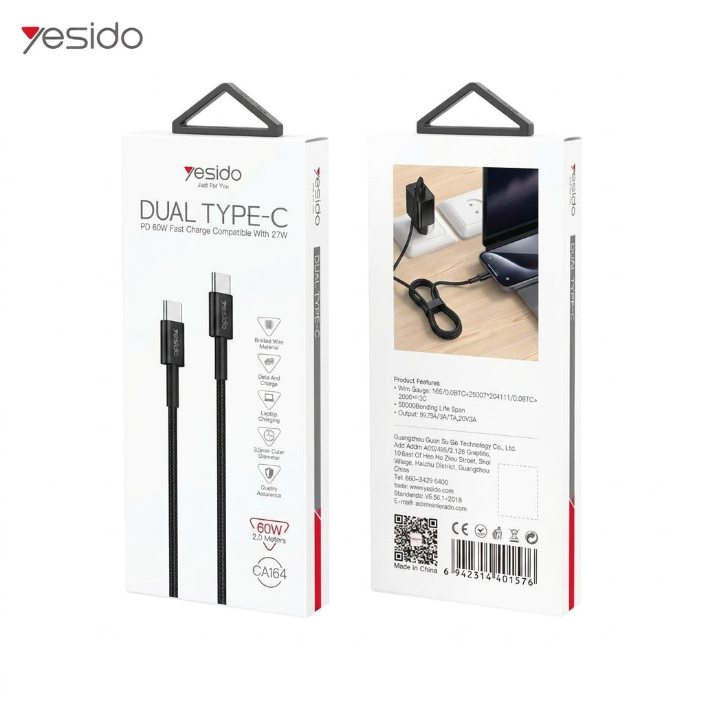 كابل يسيدو Yesido CA175 (Type-C إلى Type-C) بقوة 60 واط وطول 1 متر - أداء مستقر