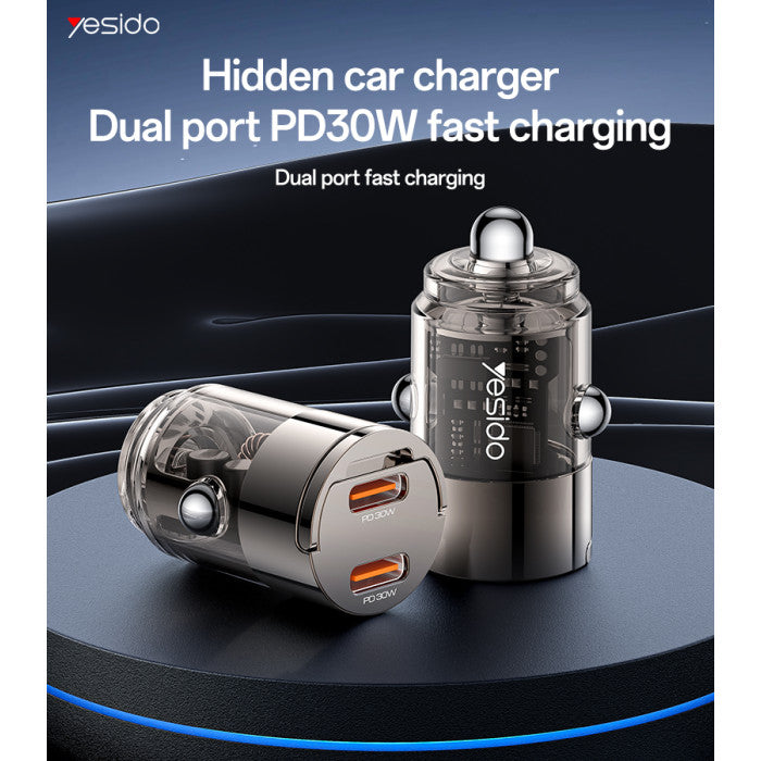 Yesido Y69 Mini Hidden Car Charger 30W – Transparent Zinc Alloy Design with Dual Type-C PD Ports